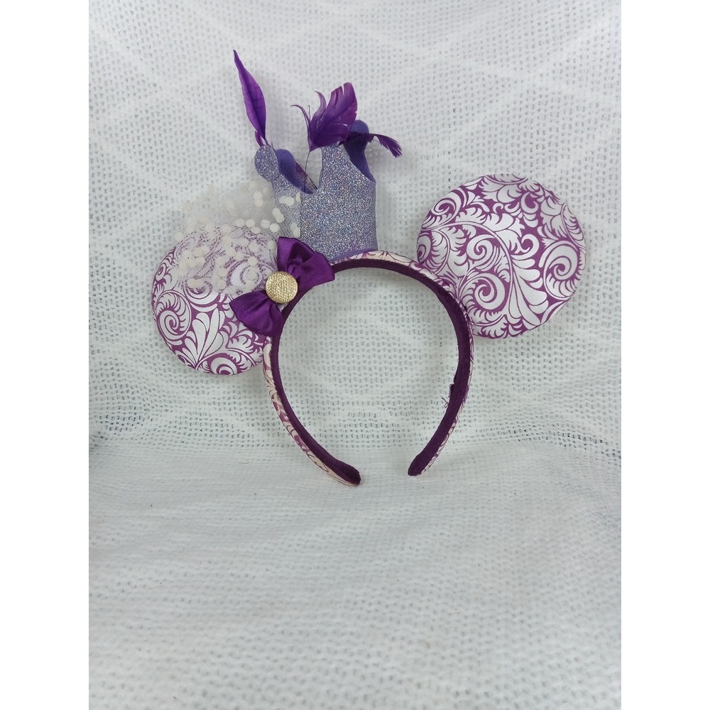 Mouse Ear Headband Women Purple White Crown Feather Veil Good Preowned